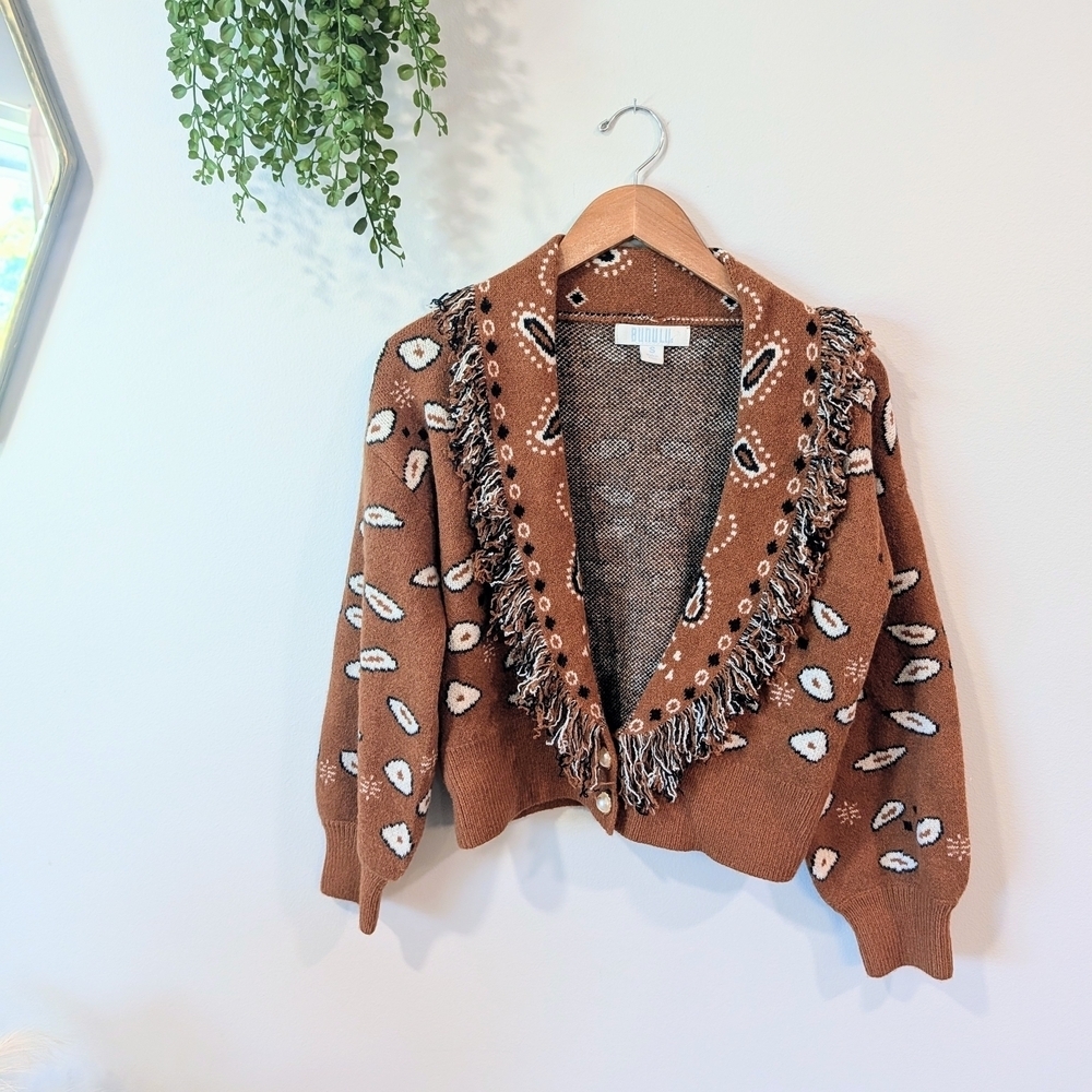 Bunulu Brown Fringed Cardigan Sweater Size Small